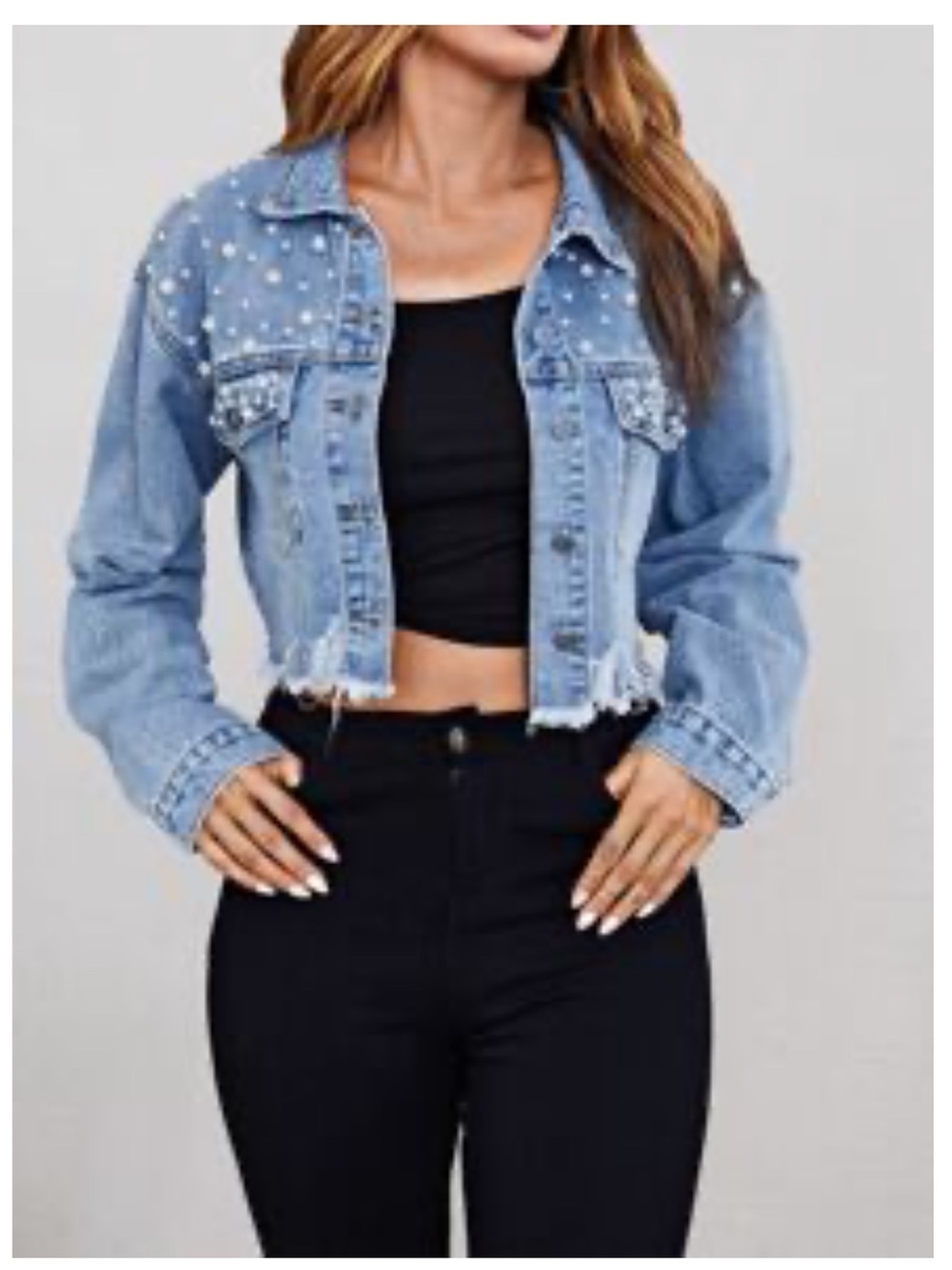 Pearls Beaded Raw Hem Crop Denim Jacket